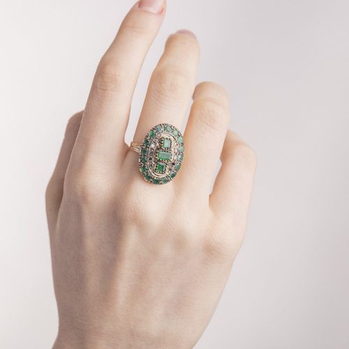 Anello in Argento e Oro Giallo con Diamanti e Smeraldi - Stile Antico - 01M0214 - Toscano Gioielli - Modalova