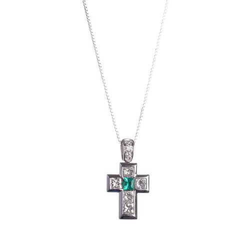 Collana con Pendente Croce in Oro Bianco con Diamanti e Smeraldo - CR18D - Toscano Gioielli - Modalova