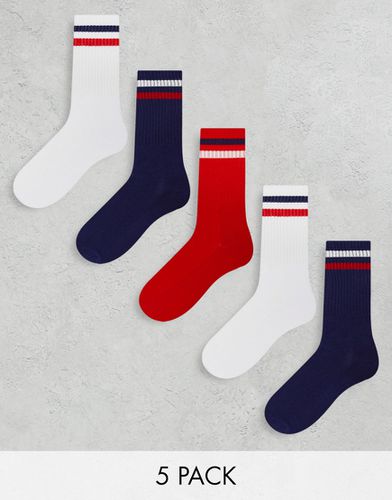 Confezione da 5 paia di calzini sportivi a righe blu navy, rossi e bianchi - Brave Soul - Modalova