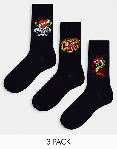 Confezione da 3 paia di calzini neri con stampa stile tatuaggio e logo - Ed Hardy - Modalova