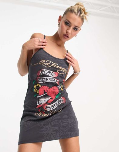 Vestito fasciante corto con spalline sottili e stampa con cuore-Grigio - Ed Hardy - Modalova