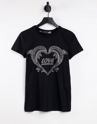 T-shirt nera con logo con delfini-Nero - Love Moschino - Modalova