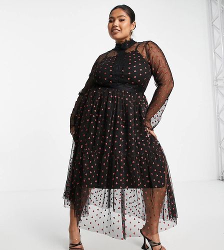 Vestito midi a maniche lunghe con inserti in pizzo e motivo con cuori, colore nero - Lace & Beads Plus - Modalova