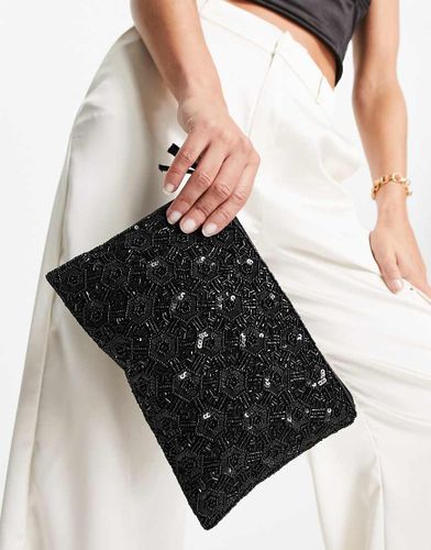 Pochette nera decorata con perline con motivo geometrico e zip sulla parte superiore-Nero - True Decadence - Modalova