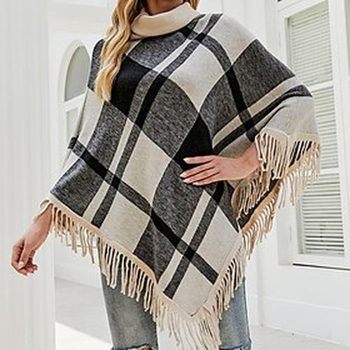 Women's Shirt Shrugs Ponchos Capes Wine Camel Khaki Tassel Print Plaid Casual Weekend Long Sleeve High Neck Ponchos Capes Regular Loose Fit One-Size - Ador IT - Modalova