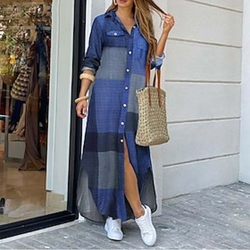 Women's Shirt Dress Sheath Dress Blue Yellow Fuchsia Color Block Long Sleeve Fall Spring Summer Patchwork Hot Shirt Collar Winter Dress Fall Dress S M L XL XXL - Ador IT - Modalova