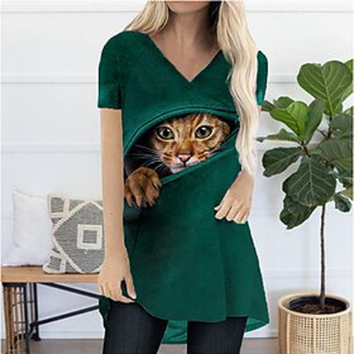 Women's Short Mini Dress A Line Dress Green Short Sleeve Print Cat Animal V Neck Spring Summer Stylish Casual Modern 2022 S M L XL XXL 3XL - Ador IT - Modalova