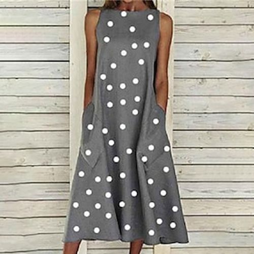 Women's Midi Dress A Line Dress Black Gray Sleeveless Pocket Print Polka Dot Crew Neck Fall Summer Stylish Casual 2022 S M L XL XXL 3XL - Ador IT - Modalova