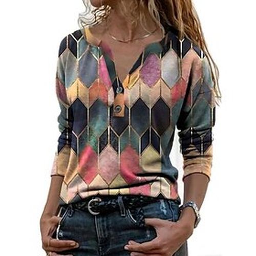 Women's T shirt Tee Color Block Modern Multi Color V Neck Winter Standard Yellow Pink Blue - Ador IT - Modalova
