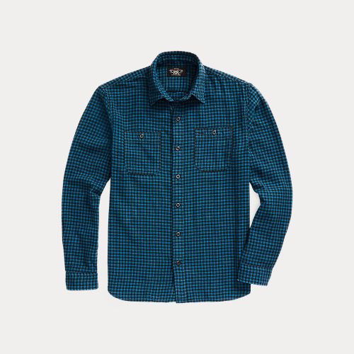 Camicia lino e cotone a quadri indaco - RRL - Modalova